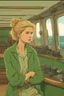 Placeholder: 23 years old girl, with blond hair and a messy bun like selah sue. standing on in a green boat, wearing green clothes and holding binoculars watching something in the middle of the sea. You see the whole boat. You see the gril in front. It's a ferry. Wes anderson style. In front. Sarcastic vibe. Old school interior. she stands in the kitchen of the boat.