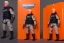 Placeholder: Mike Pence G.I. Joe action figure Doll Space force uniform inside blister packaging hanging on a Wallrack in toy store, fluorescent orange, toy guns, wide angle shot whole body, black boots, fullsize