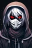 Placeholder: 1boy, black background, black sclera, colored sclera, hood, hoodie, kaneki ken, male focus, mask, mouth mask, red eyes, solo, white hair, zipper