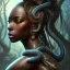 Placeholder: sango fantasy, fantasy magic, intricate, sharp focus, illustration, highly detailed, digital painting, concept art, matte, masterpiece snake head sexy lady body black African beauty fish wearing African hair more head background