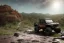 Placeholder: redshift style, photorealistic macro shot, black toy RC off-road trucks climbing a very steep huge boulder, earth color palette, sunset, sharp focus, puddle reflection, refraction, god rays, very rocky terrain, very huge boulders, boulders, detailed and intricate, intense cinematic composition, tilt shit photography