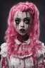 Placeholder: full color, illustration of a darkred and pink tones, menacing, Singer Melanie Martinez face, as a decayed, broken, skin turned translucent, black veins that extended like roots beneath her skin, latex suit, crude homemade cloth doll toy, with a narrow cracked porcelain face, thick dark eyebrows, hair in two gradually, made from ragged strips of cloth, in the style of Alex Pardee, Tim Burton, and Nadya Sheremet