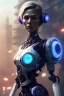 Placeholder: portrait,beautiful robot, post-apocalyptic in a cyberpunk city, realistic, intriacte detail, sci-fi fantasy style, volumetric lighting, particales,highly detailed,cinamatic, deep colours,8k, robot, red eyes, blue hair