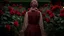 Placeholder: back to the camera a dark blonde young woman in old hungarian pale brown villager cloths and headscarf stands in front of the nice red rose bush, und dark red running roses around, high detalied, sharp focus, high realistic, perfect photo