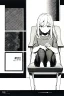 Placeholder: blonde girl converses sitting on a chair., grayscale, manga page