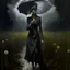 Placeholder: hauntingly visceral matte oil painting of an aristocratic female zombie facing forward, on a muddy path in an empty dandelion meadow in the pouring rain, holding a tattered and torn umbrella. The scene exudes a sinister, profound, dramatic, and fantastical dark dream atmosphere. The composition is dynamic, with complex contrast and a sinisterness that invites both fascination and unease, style by Michael Whelan and Hieronymus Bosch and Goya