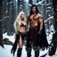 Placeholder: tall muscular male mountain man with long dark hair with a petit female with long blonde hair, dark fantasy, snowy forest