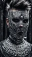 Placeholder: Medium close shot, a horror business punk is wearing a mirrored mosaic tile mask, ornate and shiny, intricate details, long exposure leading to the backdrop of a horrific sewer system, black tones