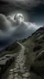 Placeholder: narrow stone path above the ground gradually getting higher into the clouds no railings, dangerous drop people in black leathers medievil period weather is wet spiraling into the clouds fantasy, a valley in mountains with a moon showing in the background human skuo on the sides of the trail