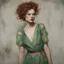 Placeholder: Top model Sara grace wallerstedt, freckles, in the style of egon Schiele, green dress, painting