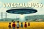 Placeholder: bumper sticker design, stange large flat ufo, in bold heading text "WESTALL 1966 australia", lots of school children looking up in a field, high voltage powerlines and gumtree's in distance, mysterious summer vibe, housing estate in distance,bold, story book style, lots of school kids looking in awe