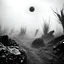 Placeholder: A striking quality Kodak photograph captures a wasteland with monsters and group of plants, creepy, details of the dust very accentuated, glossy organic mass, adorned with minerals and rocks. Bathed in intense light, eerie, Max Ernst style, black sun, fog