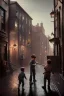 Placeholder: photorealistic painting of young boy fighting old boy, industrial era, night time, people in background, diagon alley