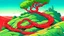 Placeholder: fantasy cartoon illustration: red ribbon tied around a shrub on a hill