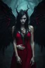 Placeholder: Daughter of Lilith, beautiful, crepy stunning wild woman, stunningly terrifying and powerful personality, with black wings in a dark red dress, long, dark messy hair with black tendrils, with suggestive dark eyes, wonderful, ancient woman, a demonic woman who controls with her strength, power, sharp focus, high detailed, high realistic, master photo, pale lights, deep night, eerie atmosphere, gothic, dark mystic atmosphere, stunning, masterpeace, cinematic, master photo
