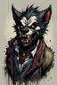 Placeholder: highly detailed full color, caricature concept illustration of a sad, destitute skid row Werewolf character , maximalist, sharp focus, highest resolution, in the styles of Ralph Steadman, Brom, Denis Forkas , and Masahiro Ito, boldly inked, 8k, coarse, gritty textures