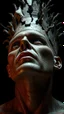 Placeholder: Busch painting style nightmare, a zoomed view of a man looking up man his head is a broken rusted metallic skin texture in a 3d rendering full-height image of a grim and dark scene. Ensure the final images exhibit the utmost quality, encompassing 4K, 8K, and 64K resolutions, with 3D rendering that manifests in photorealistic, hyperrealistic, and highly detailed representations. Employ techniques such as HDR, UHD,