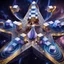 Placeholder: A surreal cosmic scene featuring an elegant woman in a flowing lavender and blue gown standing at the center of a massive five-pointed star-shaped platform floating in deep space. The star is constructed from intricate architectural elements - miniature buildings, geometric cubes, and stone blocks arranged in a mosaic pattern. Golden luminous trails and swirling energy ribbons spiral around the star's points. The background features a breathtaking nebula with purple, pink, and blue cosmic clouds