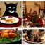 Placeholder: Cats and children eating Christmas dinner with alien lion and floating ball, and exquisitely decorated turkey and HR giger alien