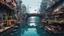 Placeholder: Water-level view of buildings made of reused dirty rusty metal on a futuristic canal junction, cyberpunk, many painted colours, flying boats, balconies, bridges, people, shopping, eating, walking, fifth element, ghost in the shell, altered carbon