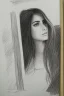 Placeholder: Pencil sketch of Young woman look through the window , Arab features,sad, long wavy hair, full body، on lined paper