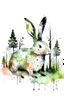 Placeholder: Watercolour effect, rabbit, forest abstract,roschCh ink blot test, white background, muted colour's.no black outline, no black colour only white more watercolour blobs, no black outline, other colours