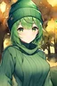 Placeholder: masterpiece, best quality, 1girl, green hair, sweater, looking at viewer, upper body, beanie, outdoors, watercolor, night, turtleneck