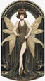 Placeholder: Full Body, Art Nouveau Woman With A Bob With A Fringe Hairstyle, 1920s Clothing, Steampunk Metal Moth wings, Black Background