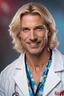 Placeholder: Mid-thirties, Caucasian male doctor, kind smile, blonde hair (slightly disheveled) blonde mustache, pale blue eyes, broad shoulders, muscular, six foot, Hawaiian shirt under white lab coat with bloodstains at the edges. Strong Jaw line, photo realistic