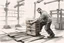 Placeholder: a man from sweden, very strong pushing a wooden pallet along the floor in a factory, very basic sketch painting like the image i uploaded