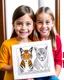 Placeholder: Check out a picture of two kids(4 years) showcasing their finished deer and tiger coloring page in a frame or as a gift for someone special. (style carton)