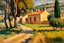 Placeholder: sunny day, mountains, trees, dirt road, countryside, nostalgy influence, adobe house, wilfrid de glehn and paul cezanne impressionism paintings