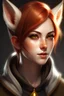 Placeholder: A female with very short red hair, gold eyes, large fox ears, slight smile, pale skin