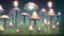 Placeholder: tall narrow delicate detailed mushrooms, with umbrella caps, phosphorescence glowing in the night