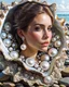 Placeholder: Create a fantastical image of a young beautyful woman in an elaborate dress resembling the interior of a pearl oyster, specifically a Pinctada, with rocks on the seashore in the background. An oil painting in the style of ultrarealism. The collar of the dress, like a hood, encloses the large, open jaw structures of the shell and the deep pearly interior, mimicking this bivalve. The person is also decorated with detailed patterns and textures that give the appearance of an aquatic creature, enhan