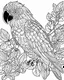 Placeholder: A coloring page of a magnificent parrot, flowers, leaves, (masterpiece), (coloring page), line art drawing, minimalist, graphic, (line art), vector graphics, clear and distinct lines, intricate patterns, varied line weights, smooth curves, bold outlines, crisp shapes, style of van Gogh