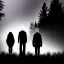 Placeholder: three figures, silhouettes, dark, foggy weather, night, forest, black, horror, art, evil, dark effect, trees, more trees, deep forest, eyes in face, different height,