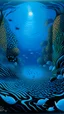 Placeholder: A dark blue underwater cove in the abyss with music notes painted by Victor Vasarely