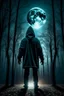 Placeholder: Dark forest with bright moonlight, Full moon, a hooded man is standing with hands up