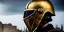 Placeholder: apocalypse, chaotic, magnificent, realistic, colorful, massive, epic, ray tracing, cinematic, 8k, HD, Ultra High Definition, photo film, film grain, hyper-detailed, old tarnished ornate rusty Hyper detailed Gold Gothic Medieval Knight helmet with glass visor covering face and matching suit of armor, background with colorful destroyed ancient gothic ruins