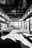 Placeholder: Onsen large space , interior, manga style, black and white, Japanese culture