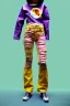 Placeholder: Photograph of a woman. Low waist jeans, middle-blue !!!Baggy, 1996!Huge plant prints on denim,terracotta,cream,purple,lilac. Cream colored latex parts. imperial yellow, red plum stripes, only on the top half of t-shirt. European daft punk woman. Mantle is sewed of recycled Denim and sewed together of recycled polymer felt. lace, Yellow(Munsell) areas. hint of orange as effect color!!Big bright purple/khaki felt tippet and cream or blue or lilac colored-hood. mantle is merged with cobalt boler