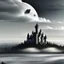 Placeholder: a black and menacing castle floating in midst air, hilly environment, cloudy sky