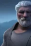 Placeholder: 3D render of a very big close at the face of cyberpunk tribal old man, gray hair and goatee, on a dark blue background, digital art