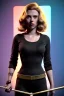 Placeholder: retro portrait image from 1960, explosion background, long hair, young Scarlett Johansson, classic black tight lycra suit, metal stick weapon, gold bracelet and belt, high heel boots, soft color, highly detailed, unreal engine 5, ray tracing, RTX, lumen lighting, ultra detail, volumetric lighting, 3d, finely drawn, high definition, high resolution.