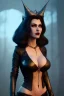 Placeholder: Amy Dumas as evil queen in black leather, leather, busty, cleavage, angry, rage, stern look. character design by cory loftis, fenghua zhong, ryohei hase, ismail inceoglu and ruan jia. unreal engine 5, artistic lighting, highly detailed, photorealistic, fantasy