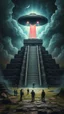 Placeholder: Bosch painting style of nightmare showing a people prying for an alien spaceship hovering over a Mayan permanent temple with storms and clouds , hi quality, 4k, cinematic,