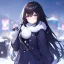 Placeholder: Clear focus,High resolution, black long fluffy hair, long fluffy bangs, purple eyes, wearing a snow outfit, wearing a short skirt