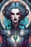 Placeholder: full color full body illustration of a surreal, ethereal, futuristic female vampire time traveler, with highly detailed hair and facial features in the style of Sveta Dorosheva and Travis Charest, detailed and sharply defined line work and inking, vibrant natural color palette, 4k, on an ornate abstract background