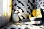 Placeholder: lifelike human feet pattern decorated wallpaper in the background and a penguin shaped and penguin coloured (black and white) armchair in a modern room in sunshine